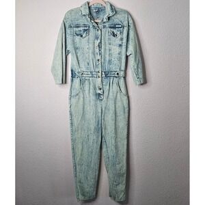 Vintage 80s Dreams Acid Wash Denim Jumpsuit Button Front Blue Boiler Suit Size 8